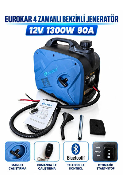 EUROKAR 12V DC Benzinli Portatif Jeneratör - 1300W 90A Akü Şarj Cihazı (Karav...