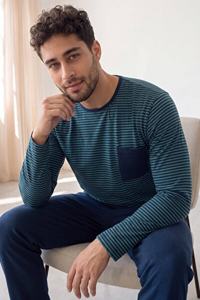 Pijamaevi Navy Blue Green Stripe Patterned Stylish Men's Long Sleeve Pajama Set