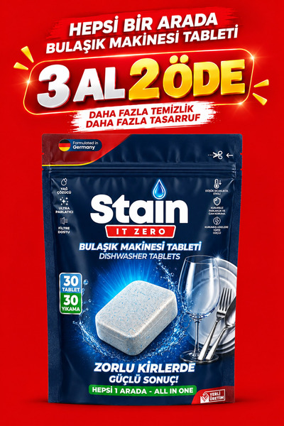 Stain İt Zero Hepsi Bir Arada Bulaşık Makinesi Tableti & Zorlu Kirlerde Güçlü...