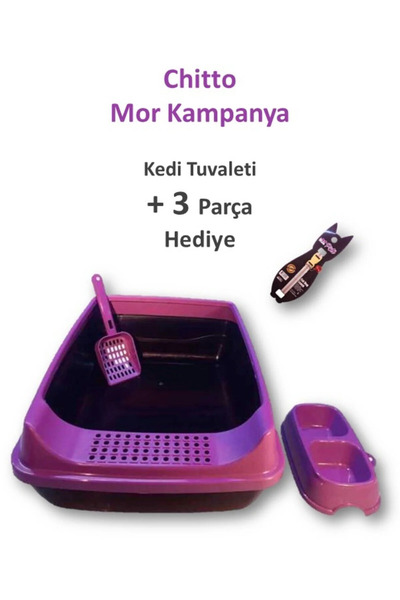 Genel Markalar Açık Elekli Kedi Tuvaleti - Kürek - Mama Kabı - Tasma Hediyeli