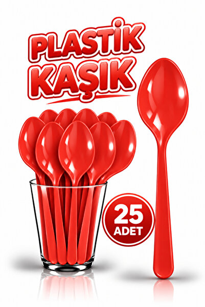 Huzur Party Store 25 Adet Kırmızı Renkli Kaşık Sert Dayanaklı Plastik Lüks Ku...