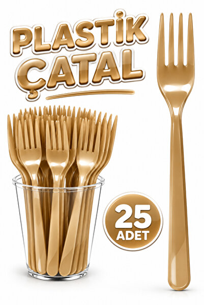 Huzur Party Store 25 Adet Gold Renkli Çatal Sert Dayanaklı Plastik Lüks Kulla...