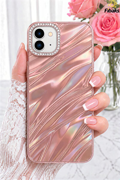 Fibaks iPhone 12 / 12 Pro Kılıf Taşlı Parlak Dalga Desenli Kamera Çerçeveli D...