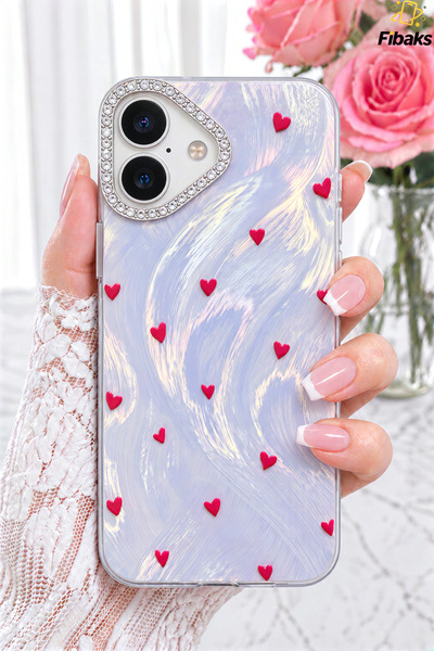 Fibaks iPhone 17 Kılıf Işıltılı Aşk Serisi Taşlı Kamera Çerçeveli Kalp Desenl...