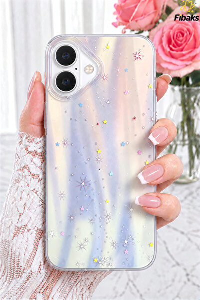 Fibaks iPhone 16 Kılıf Hologramlı Yıldız Işıltısı Desenli Şeffaf Silikon | İç...