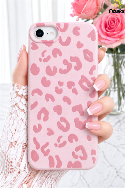 Fibaks iPhone 7/8/SE Kılıf Pembe Leopar Desenli İnce Yumuşak Silikon