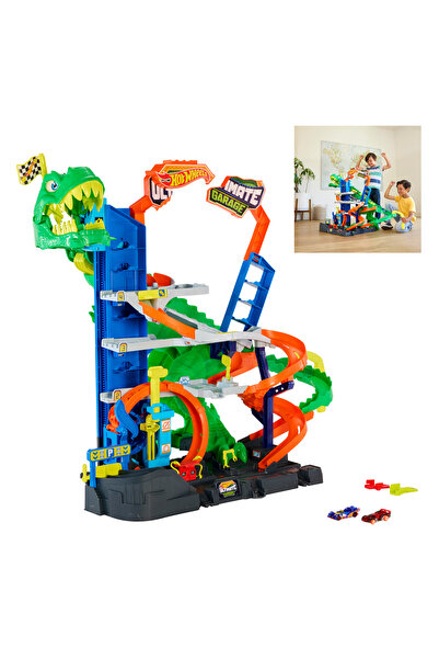 HOT WHEELS City Ultimate T-Rex Garajı, 2 oyuncak araba ve 50'den fazla araç i...
