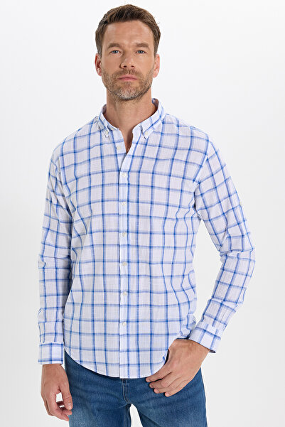 Tudors Мъжка риза Slim Fit Slim Cut от 100% памук и лен, карирана с текстура