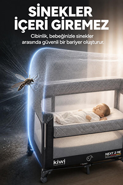 Kiwi Wild 3in1 Anne Yanı Park Yatak Katlanır Beşik, Tekerlekli, Yan Açılır, Müzik+Oyuncak+Cibinlik 70x110