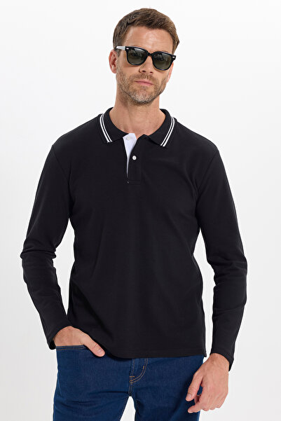 Tudors Men's Slim Fit 100% Cotton Long Sleeve Black Polo Collar T-Shirt