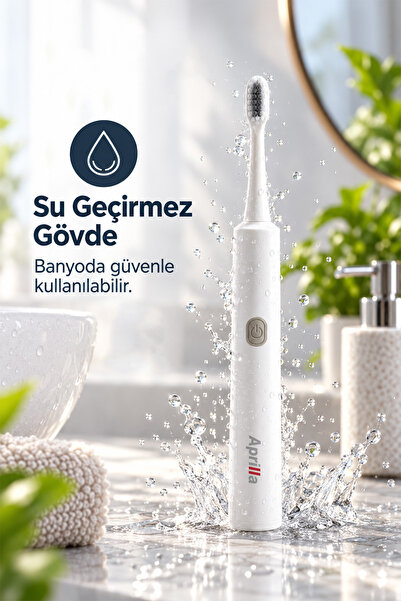 Aprilla Atb-8717 Titreşimli Değiştirilebilir Başlıklı Su Geçirmez Gövdeli Beyaz Diş Fırçası