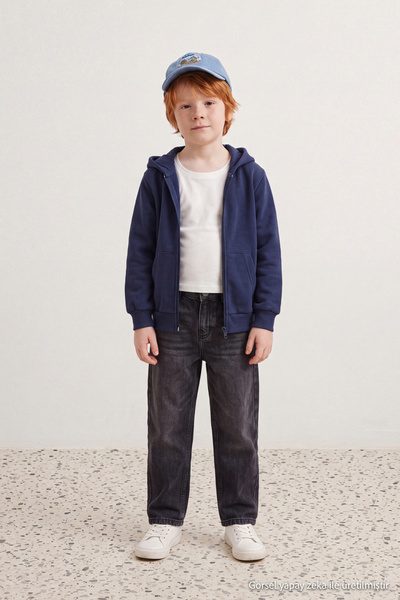 TRENDYOLKIDS Navy Blue Cotton Boys' Plain/Basic Zippered Knitted Cardigan/Swe...