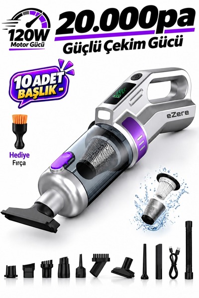 EZERE PowerVac 20000pa Araç İçi ve Ev Tipi Şarjlı Vakum Süpürge