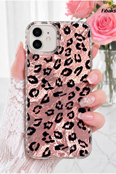 Fibaks iPhone 11 Kılıf Hologramlı Pembe Leopar Desenli Darbe Emici Kamera Kor...