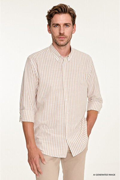 AC&Co / Altınyıldız Classics Erkek Vizon-Beyaz %100 Pamuk Comfort Fit Rahat K...