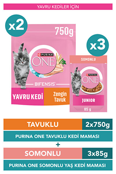 Purina One Junior Tavuklu Yavru Kedi Maması 750g x 2 Adet + Junior Somon Yaş ...
