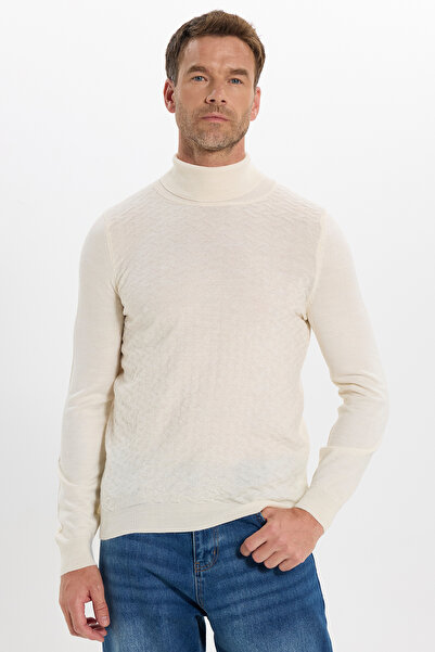 Tudors Full Turtleneck Front Patterned Cream Color Men's Sweater
