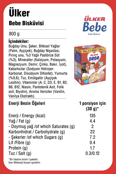 Ülker BEBE Sütlü Bisküvi- Trans Yağ İçermez - 800 gram - 2 Adet