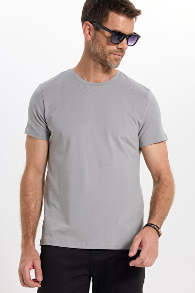 Tudors Men's slim fit cotton soft touch stretchy fabric basic grey crew neck ...