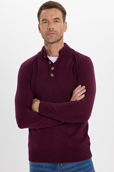Tudors Erkek Slim Fit Dar Kesim Dik Yaka Düğmeli Bordo Triko Triko Kazak