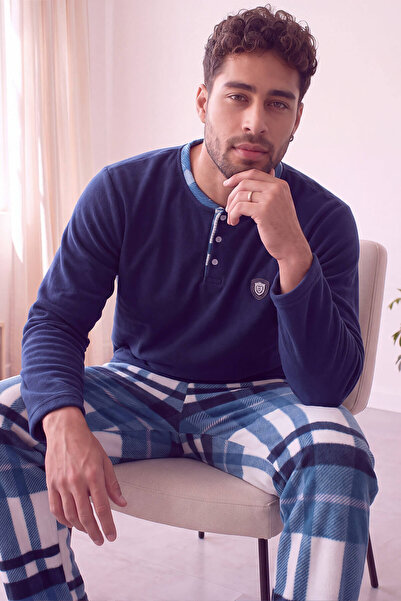 Pijamaevi Navy Blue Turquoise Plaid Patterned Fleece Men's Pajama Set