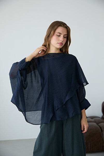 Trendyol Collection Navy Blue Oversize Slim Draped Woven Blouse Twoss26Bz00653