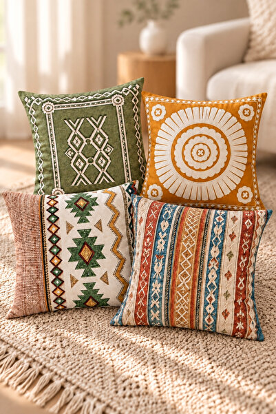 Decomia Home Çift Taraflı Etnik Desenli 4'lü Kırlent Kılıfı Seti (43x43 cm)