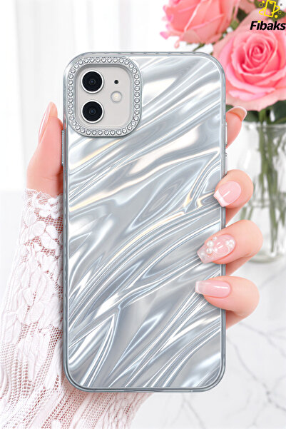 Fibaks iPhone 11 Kılıf Taşlı Parlak Dalga Desenli Kamera Çerçeveli Darbe Emic...