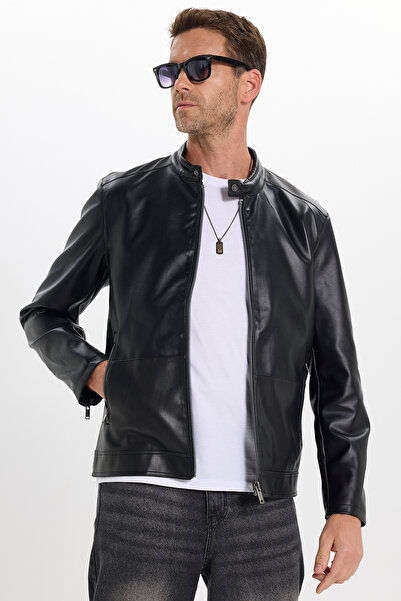 Tudors Men's Relax Fit Comfortable Cut, Stand Collar, Leather Look, Lined, Zi...