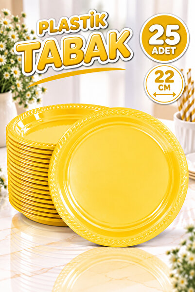 Huzur Party Store Sarı Renginde 22'cm 25'li Parlak Tabak Renkli Dayanıklı Pla...