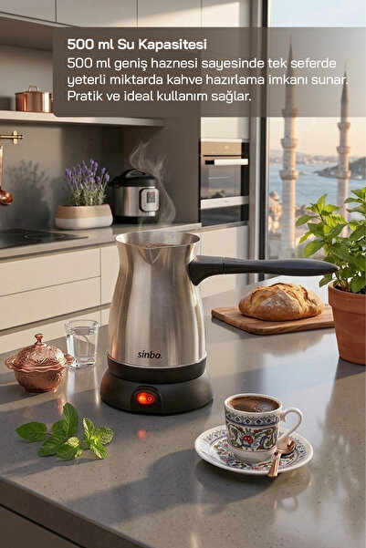 Sinbo SCM-9038 600W Paslanmaz Çelik Türk Kahve Makinesi – 500 ml, 5-6 Fincan Kapasiteli