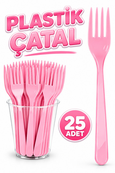 Huzur Party Store 25 Adet Pembe Renkli Çatal Sert Dayanaklı Plastik Lüks Kull...