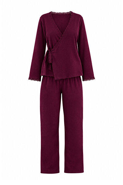 Trendyol Collection Plum Lace Double Breasted Waffle Knitted Pajama Set Thmaw...
