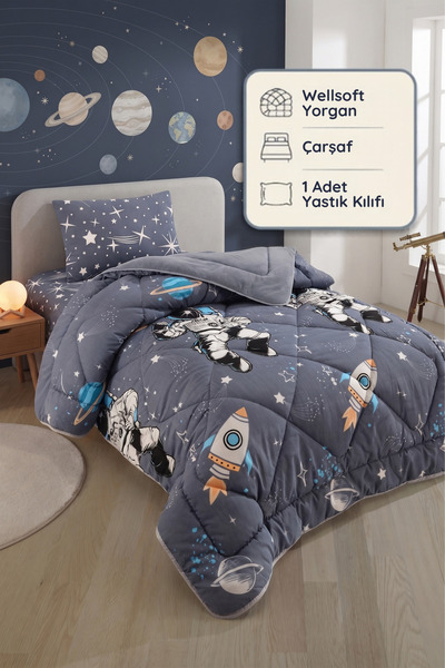 Formeya Tek Kişilik Çarşaflı Astronot Desenli Çift Taraflı Wellsoft Uyku Seti...