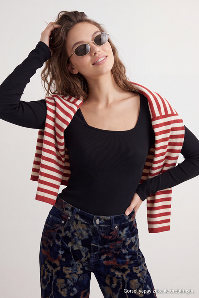 Trendyol Collection Black Square Collar Long Sleeve Ribbed Stretchy Snap Knit...
