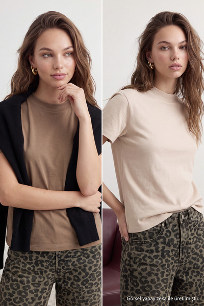 Trendyol Collection Beige-Taupe Color 2-Package 100% Cotton Basic Mock Neck K...