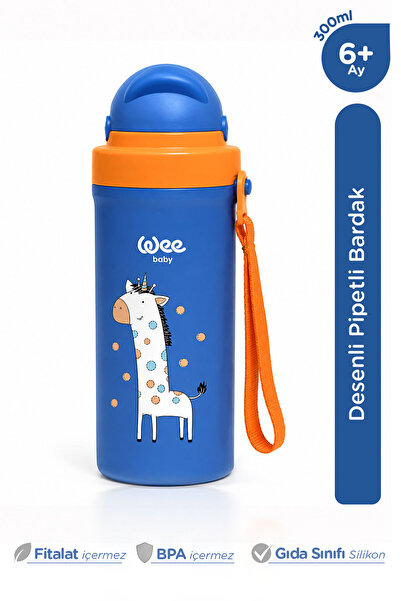 Wee Baby Desenli Pipetli Bardak Akıtmaz Bebek Bardağı Suluk 300 Ml Mavi