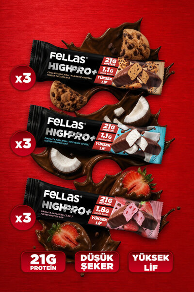 Fellas Çikolata Kaplı HighPro+ Protein Bar 50gr Karma Kutu (3 x 3)