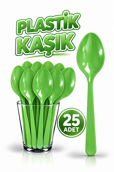 Huzur Party Store 25 Adet Yeşil Renkli Kaşık Sert Dayanaklı Plastik Lüks Kull...