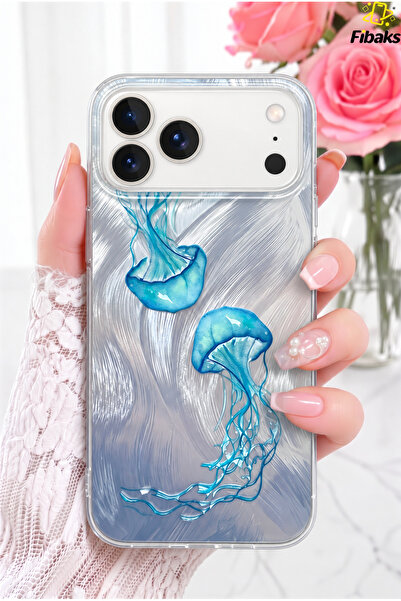 Fibaks iPhone 17 Pro Max/18 Pro Max Kılıf Hologramlı Denizanası Desenli Şeffa...