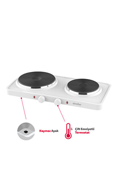 Simfer HP2500W Beyaz Hot Plate İki Gözlü Elektrikli Ocak (Çift Emniyetli Term...