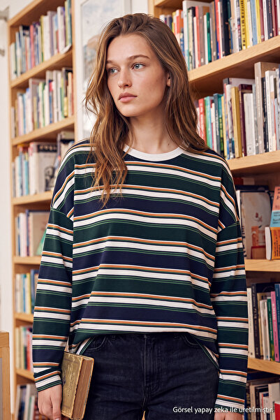 Trendyol Collection Navy Blue Striped Regular Crew Neck Long Regular Combed C...