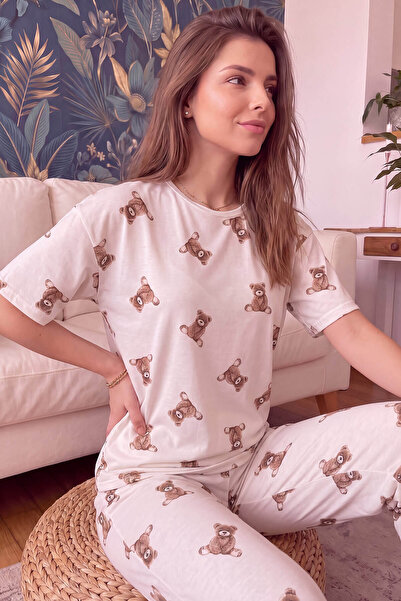 Pijamaevi Beige Teddy Desenli Bambu Kısa Kol Kadın Pijama Takımı