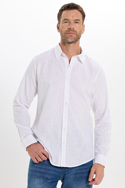 Tudors Men's Slim Fit Slim Fit Long Sleeve 100% Cotton Linen Texture Striped ...
