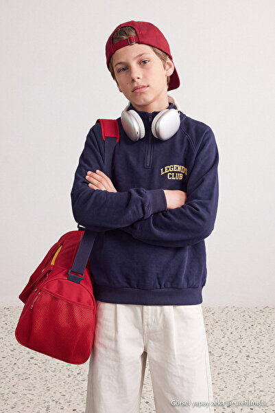 TRENDYOLKIDS Navy Blue Boy's Stand Collar Zippered Embroidered Thick Non-Embo...