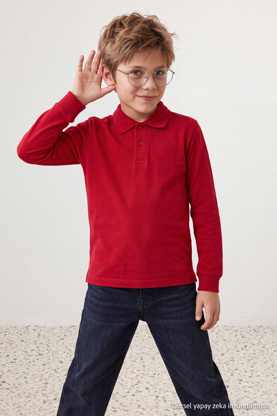 TRENDYOLKIDS Burgundy 100% Cotton Boys' Plain/Basic Crew Neck Polo Collar Kni...