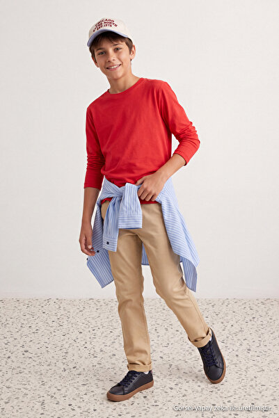 TRENDYOLKIDS Red 100% Cotton Boys' Plain/Basic Crew Neck Knitted School T-Shi...