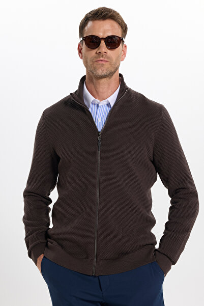 Tudors Men's Standard Fit Regular Cut Patterned Half Turtleneck Zippered Brow...