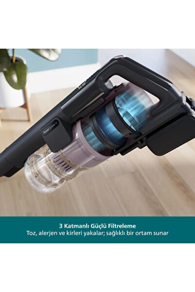 Philips Çift Dikey Şarjlı Bataryalı Süpürge Uzun Kullanım Süreli LED Başlık Siklon Emiş Teknolojisi Kablosuz Halı Parke Koltuk ve Araç İçi Temizlik Mavi XC6453