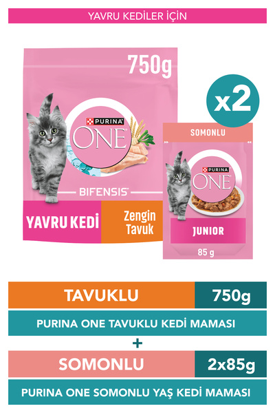 Purina One Junior Tavuklu Yavru Kedi Maması 750 g + Junior Somon Yaş Yavru Ke...